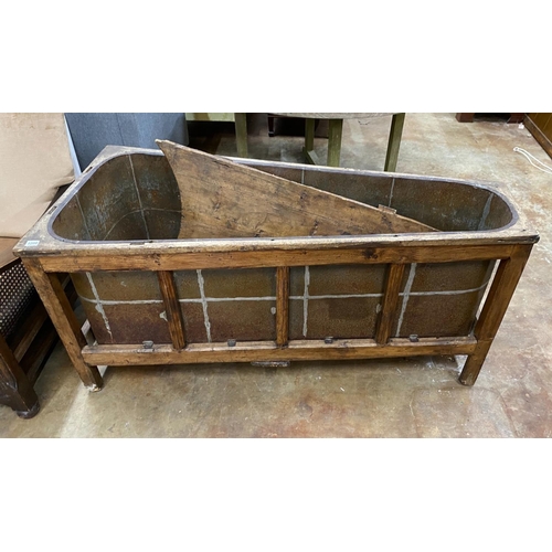 1208 - A 19th century French oak bath with zinc liner and cover, length 142cm, depth 65cm, height 64cm... 