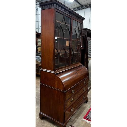 1209 - A George III mahogany cylinder bureau bookcase with glazed panelled doors, width 115cm, depth 60cm, ... 