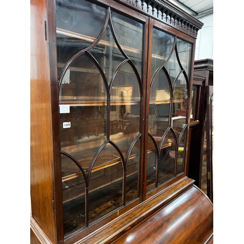 1209 - A George III mahogany cylinder bureau bookcase with glazed panelled doors, width 115cm, depth 60cm, ... 