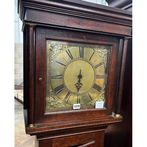 1210 - An 18th century oak 30 hour longcase clock, the engraved brass dial signed Thomas Millett 'Ware', he... 