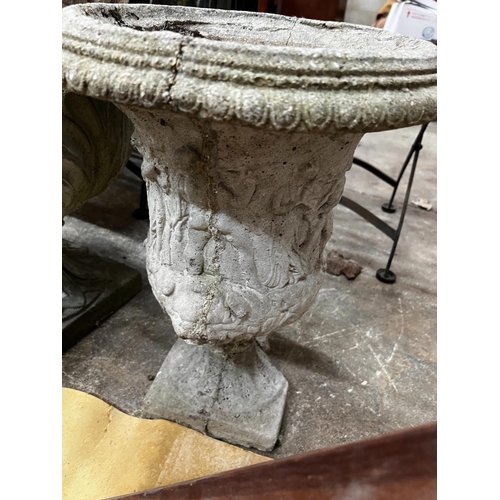 1218 - Three circular reconstituted stone garden urns, the largest diameter 48cm, height 55cm