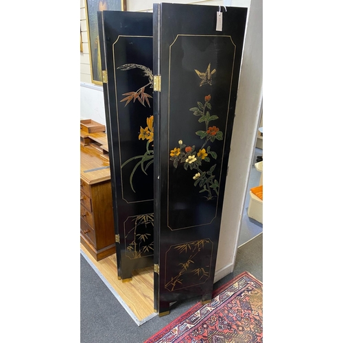 1224 - A Chinese lacquer four fold dressing screen, each panel width 40cm, height 184cm