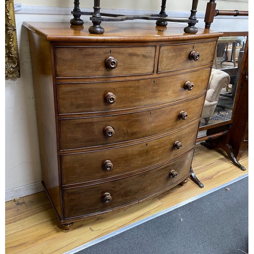 1228 - A Victorian mahogany bow fronted chest of two short and four long drawers, width 115cm, depth 55cm, ... 