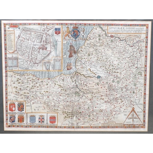 1720 - John Speede, hand-coloured engraving, Map of Somersetshire, English text verso, 38 x 50cm