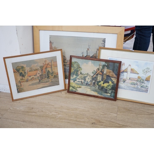 1727 - Three assorted watercolours of Glynde and a colour print, largest 40 x 49cm