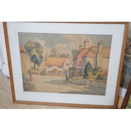 1727 - Three assorted watercolours of Glynde and a colour print, largest 40 x 49cm