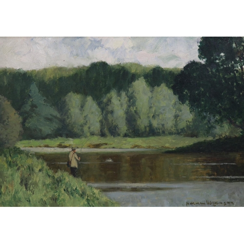 1730 - § § Norman Wilkinson (British, 1878-1971), oil on canvas, Angler beside a river, 34 x 49cm