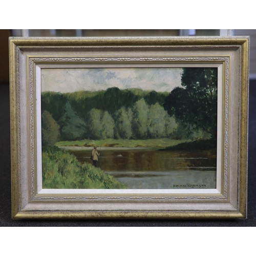 1730 - § § Norman Wilkinson (British, 1878-1971), oil on canvas, Angler beside a river, 34 x 49cm