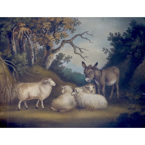 1732 - Benjamin Zobel (British, 1762-1831), sand picture, Sheep and a donkey in a wooded landscape, signed,... 