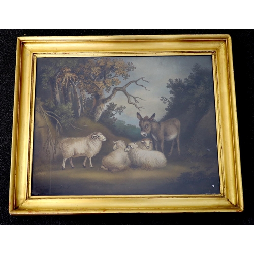 1732 - Benjamin Zobel (British, 1762-1831), sand picture, Sheep and a donkey in a wooded landscape, signed,... 