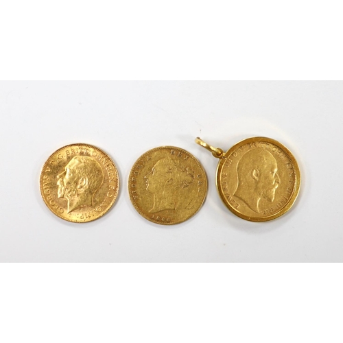 1958 - A Victorian 1866 gold half sovereign, a 1908 golf half sovereign in later 9ct gold pendant mount and... 