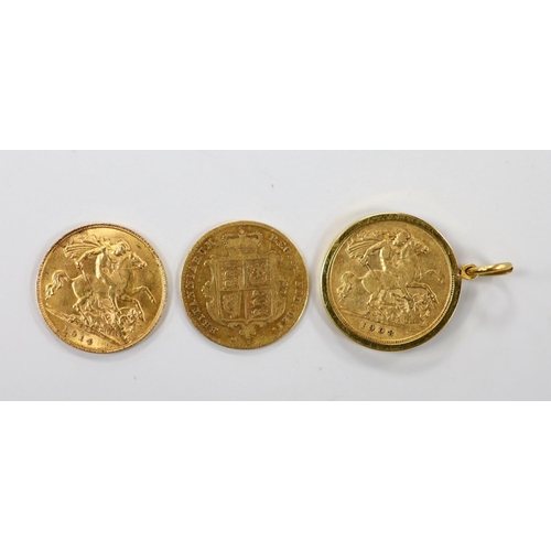 1958 - A Victorian 1866 gold half sovereign, a 1908 golf half sovereign in later 9ct gold pendant mount and... 