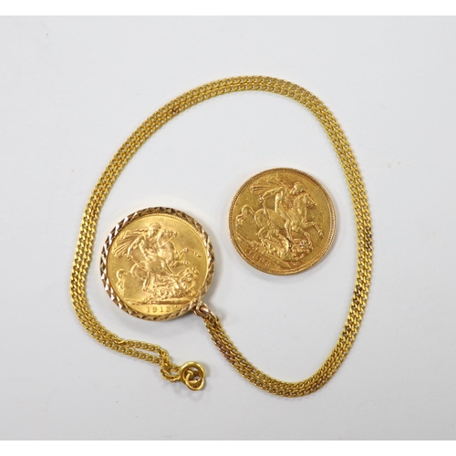 1959 - A Victorian 1893 gold sovereign and a 1913 god sovereign in a later 9ct gold pendant mount, on a 9ct... 