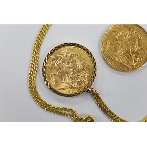 1959 - A Victorian 1893 gold sovereign and a 1913 god sovereign in a later 9ct gold pendant mount, on a 9ct... 