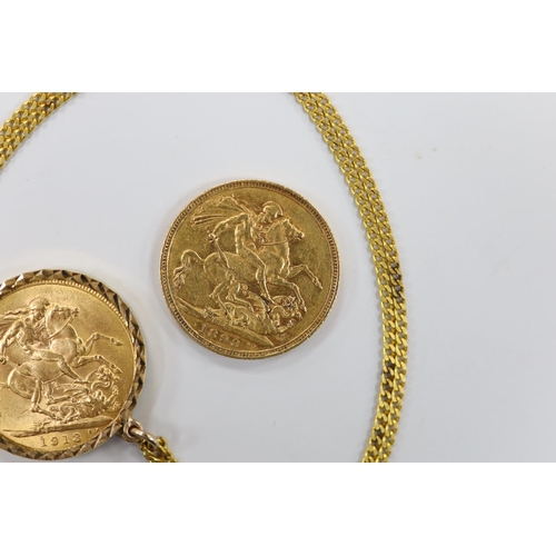 1959 - A Victorian 1893 gold sovereign and a 1913 god sovereign in a later 9ct gold pendant mount, on a 9ct... 