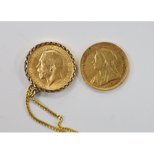 1959 - A Victorian 1893 gold sovereign and a 1913 god sovereign in a later 9ct gold pendant mount, on a 9ct... 