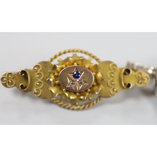 1963 - An Edwardian 9ct gold, sapphire and diamond chip set three stone brooch, 41mm, gross weight 33 grams... 