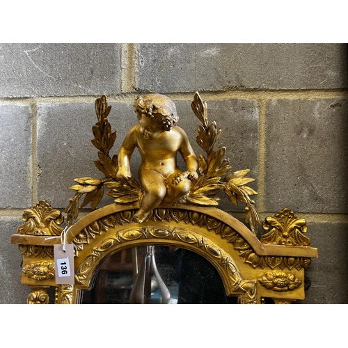 136 - A Victorian giltwood and composition girandole pier glass, width 56cm, height 145cm