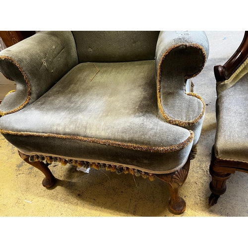 170 - A Queen Anne revival upholstered wing armchair, width 71cm, depth 62cm, height 110cm