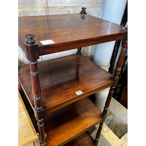 177 - An early Victorian rosewood four tier whatnot, width 50cm, depth 40cm, height 140cm