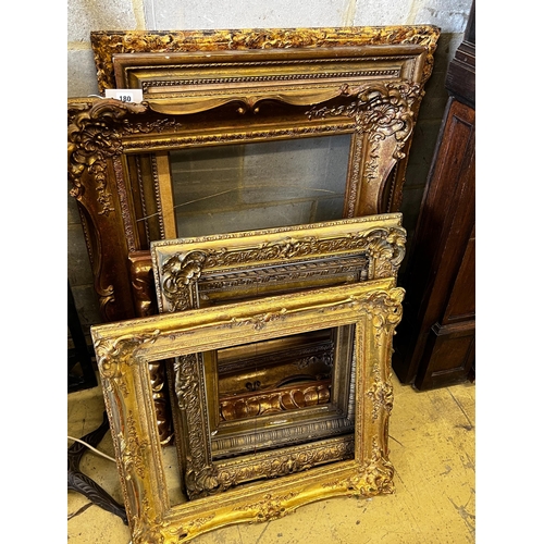 180 - Eight Victorian and later giltwood and composition rectangular picture frames, largest 76 x 94cm... 