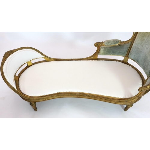 183 - A 19th century Louis XVI style giltwood chaise longue, with reeded ribbon tied rails, acanthus leaf ... 