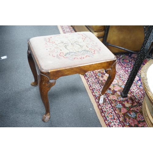 192 - A Queen Anne revival walnut dressing stool, width 56cm, depth 45cm, height 48cm