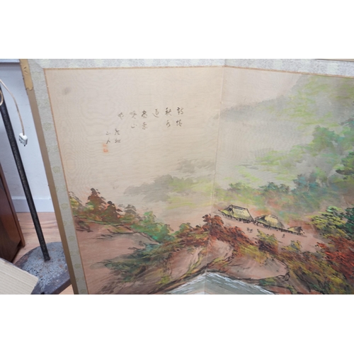 214 - A Chinese painted four fold low screen, each panel width 46cm, height 91cm