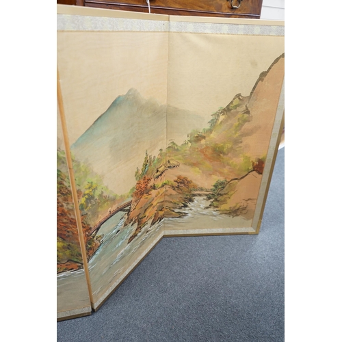 214 - A Chinese painted four fold low screen, each panel width 46cm, height 91cm