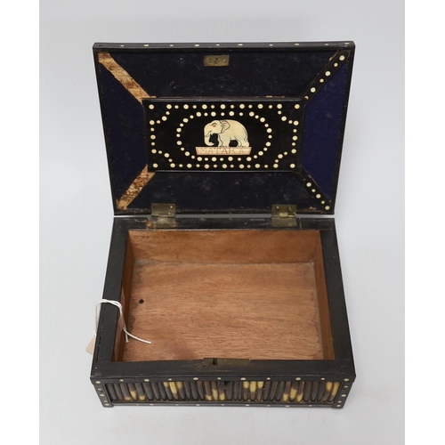 252 - An Indian bone inlaid ebony and porcupine quill rectangular box, 20cm