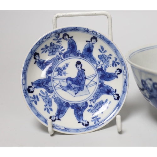 270 - A Chinese Kangxi blue and white tea bowl and saucer, and a blue and white bowl, largest 13cm diamete... 