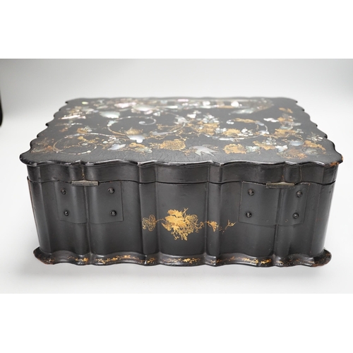 273 - A Victorian papier mache workbox and contents, 32cm