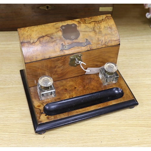 281 - A Victorian brass bound rosewood writing slope and a Victorian walnut inkstand stationery rack, larg... 