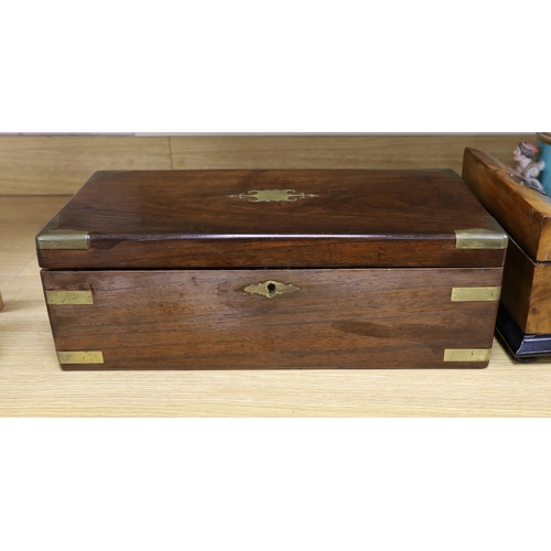 281 - A Victorian brass bound rosewood writing slope and a Victorian walnut inkstand stationery rack, larg... 