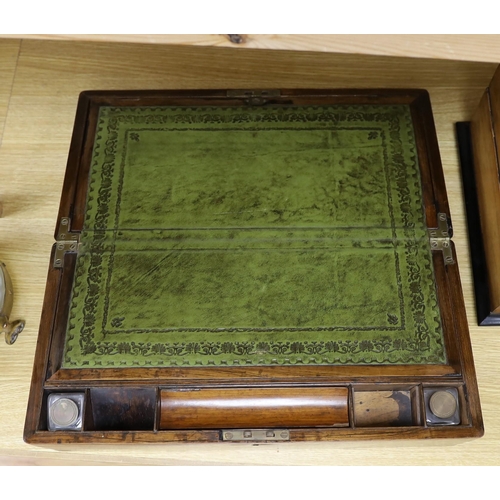 281 - A Victorian brass bound rosewood writing slope and a Victorian walnut inkstand stationery rack, larg... 