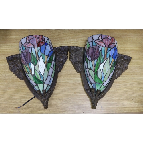 292 - A pair of leaded glass Tiffany style wall lights, 34 x 34cm