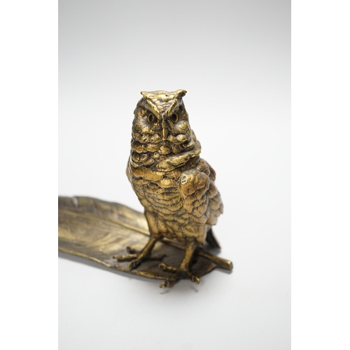 301 - A bronze owl and a feather inkwell with Bergman mark, 34cm long