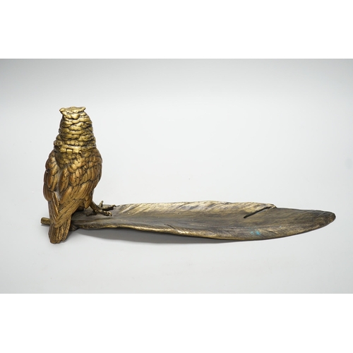 301 - A bronze owl and a feather inkwell with Bergman mark, 34cm long