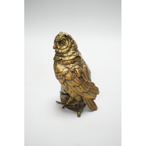 301 - A bronze owl and a feather inkwell with Bergman mark, 34cm long