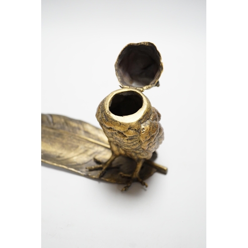 301 - A bronze owl and a feather inkwell with Bergman mark, 34cm long