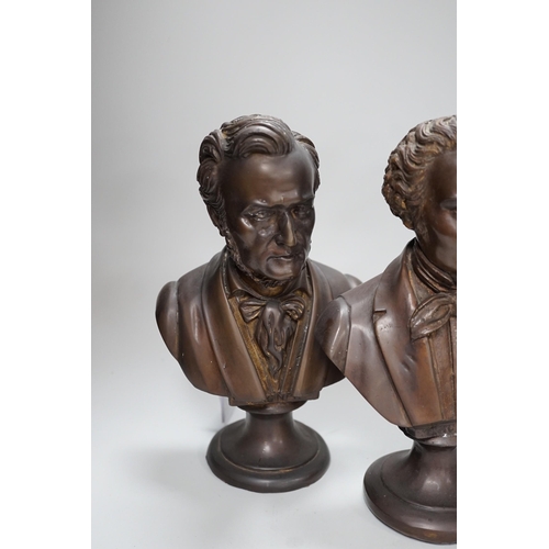 315 - A set of four bronze busts of composers: Schubert, Wagner, Verdi and Mozart, 14cms high