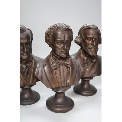 315 - A set of four bronze busts of composers: Schubert, Wagner, Verdi and Mozart, 14cms high