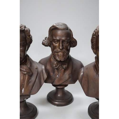 315 - A set of four bronze busts of composers: Schubert, Wagner, Verdi and Mozart, 14cms high