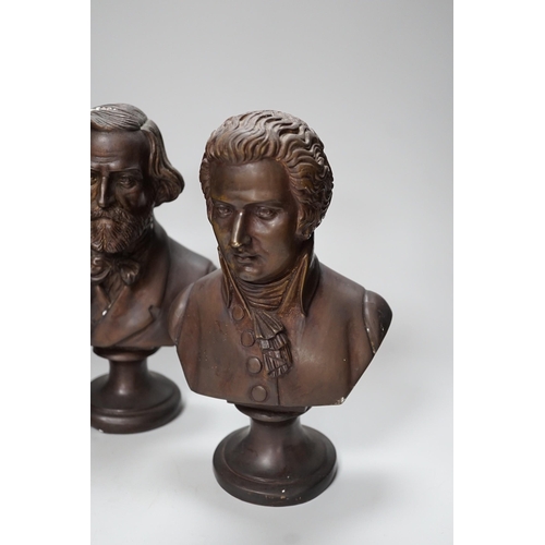 315 - A set of four bronze busts of composers: Schubert, Wagner, Verdi and Mozart, 14cms high