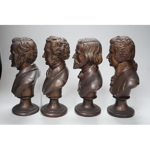 315 - A set of four bronze busts of composers: Schubert, Wagner, Verdi and Mozart, 14cms high