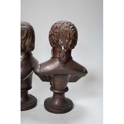 315 - A set of four bronze busts of composers: Schubert, Wagner, Verdi and Mozart, 14cms high