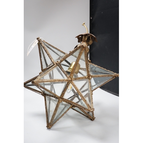 320 - A cut glass four branch electrolier, star shaped gilt metal ceiling shade and a 1970's perspex ceili... 