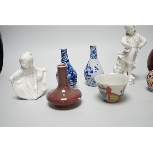 353 - A Chinese sang de boeuf bottle neck vase, together with four Chinese miniature vases, three Chinese ... 