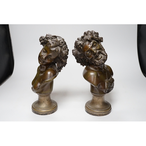 354 - A pair of late 19th century French bronze Bacchic busts, on plated socles, 28cm