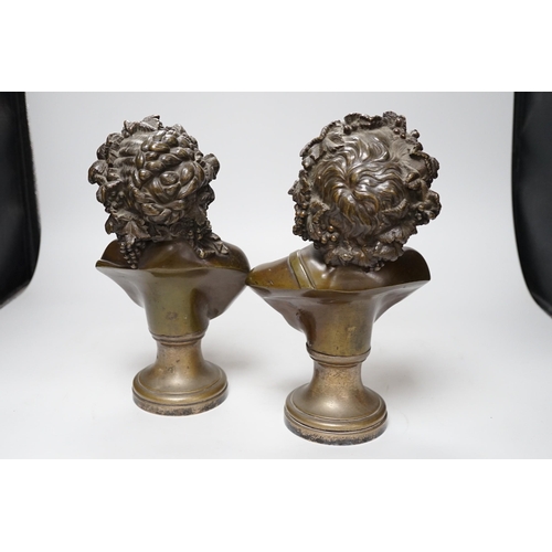 354 - A pair of late 19th century French bronze Bacchic busts, on plated socles, 28cm